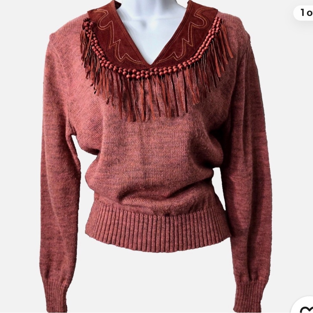 Best for small/medium Chic Maroon Cowl Neck Sweater with Fringe vintage 70s